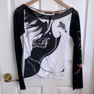 Mesh Long Sleeve Embroidered Top